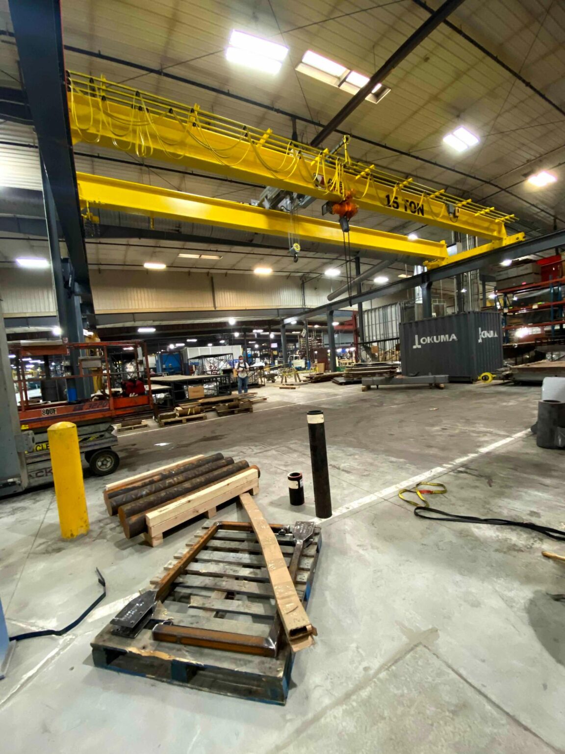 15 Ton Top Running Double Girder Bridge Crane with a 2 Ton Auxiliary Hoist on Front Girder on Freestanding Runway