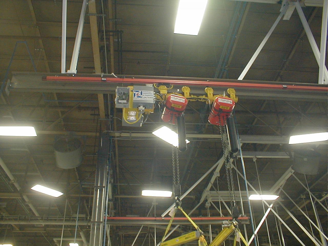 AFE Crane Custom Tractor Driven Dual Hoist Trolley Carrier on Patented Track Monorail