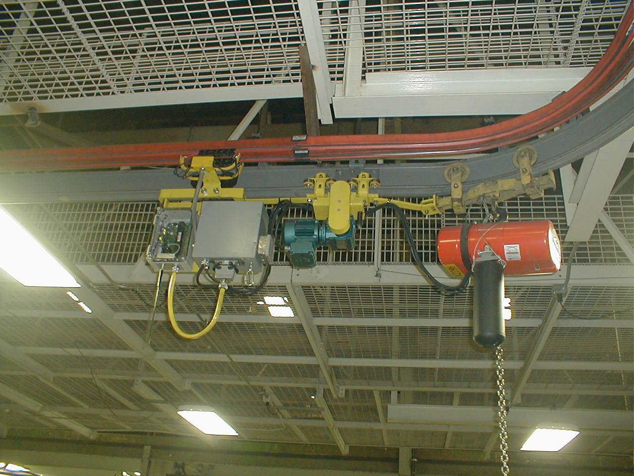 AFE Crane Custom Tractor Driven Dual Hoist Trolley Carrier on Patented Track Monorail Curve